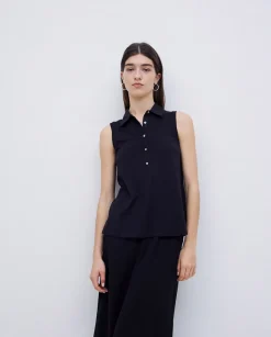 YERSE Top cuello polo botones negro Clearance