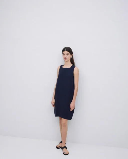 YERSE Vestido 100% lino azul oscuro New