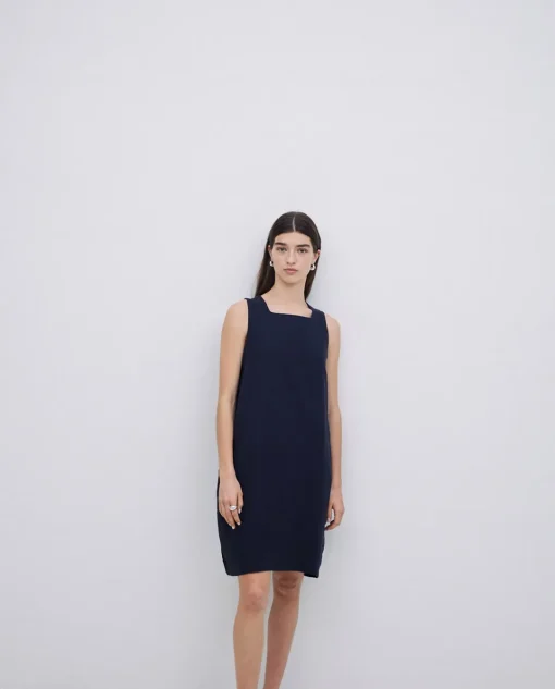 YERSE Vestido 100% lino azul oscuro New