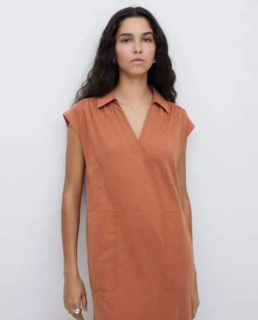YERSE Vestido camisero flamé de algodón terracota New