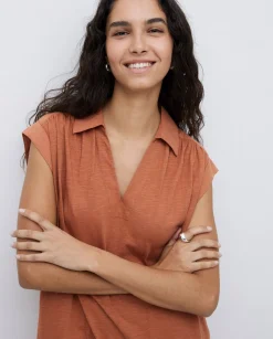 YERSE Vestido camisero flamé de algodón terracota New