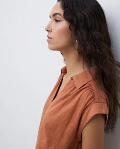 YERSE Vestido camisero flamé de algodón terracota New