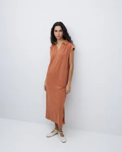 YERSE Vestido camisero flamé de algodón terracota New