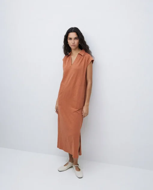 YERSE Vestido camisero flamé de algodón terracota New