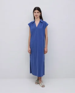 YERSE Vestido camisero flamé de algodón azul New