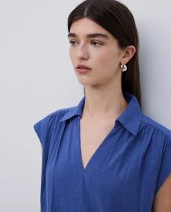 YERSE Vestido camisero flamé de algodón azul New