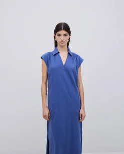 YERSE Vestido camisero flamé de algodón azul New