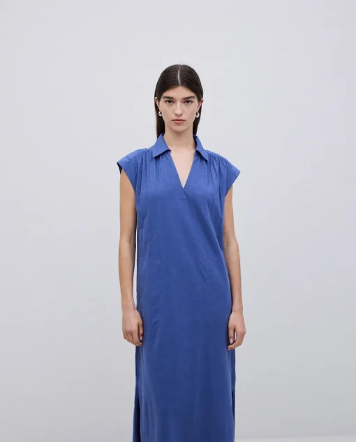 YERSE Vestido camisero flamé de algodón azul New