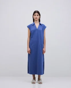 YERSE Vestido camisero flamé de algodón azul New