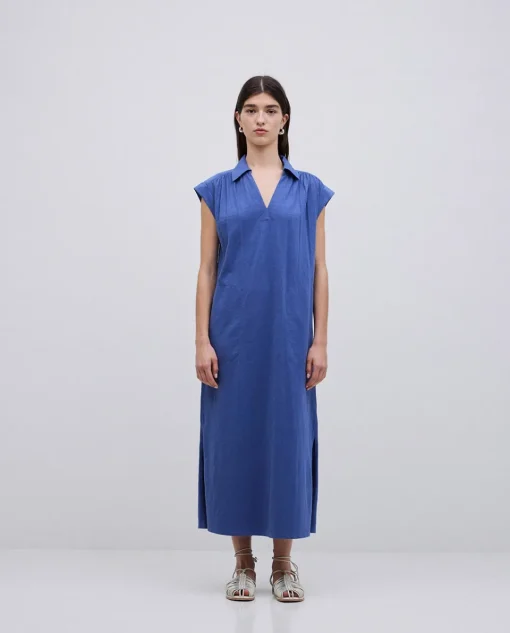 YERSE Vestido camisero flamé de algodón azul New