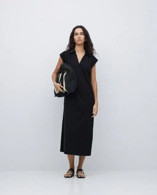 YERSE Vestido camisero flamé de algodón negro New