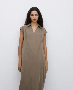 YERSE Vestido camisero flamé de algodón caqui Outlet