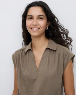 YERSE Vestido camisero flamé de algodón caqui Outlet