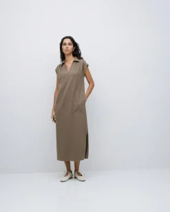 YERSE Vestido camisero flamé de algodón caqui Outlet