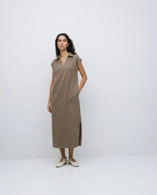 YERSE Vestido camisero flamé de algodón caqui Outlet