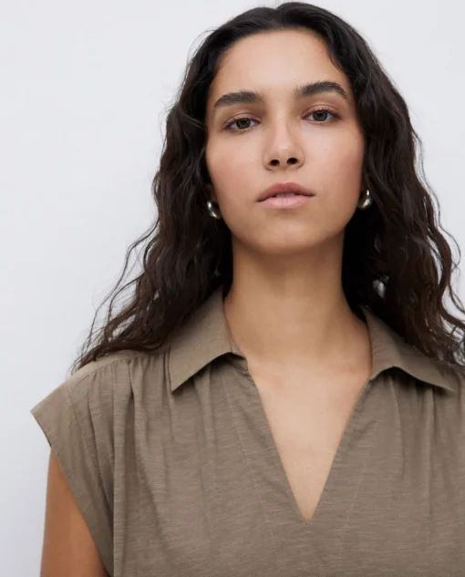 YERSE Vestido camisero flamé de algodón caqui Outlet