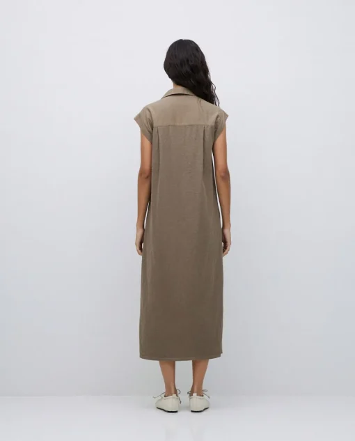 YERSE Vestido camisero flamé de algodón caqui Outlet