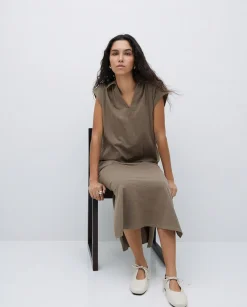 YERSE Vestido camisero flamé de algodón caqui Outlet