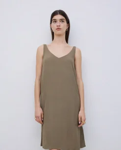 YERSE Vestido corto escote pico caqui Outlet