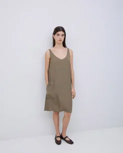 YERSE Vestido corto escote pico caqui Outlet