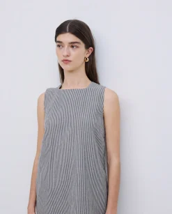 YERSE Vestido corto rayas lino y algodón azul grisáceo Fashion