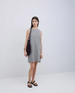 YERSE Vestido corto rayas lino y algodón azul grisáceo Fashion