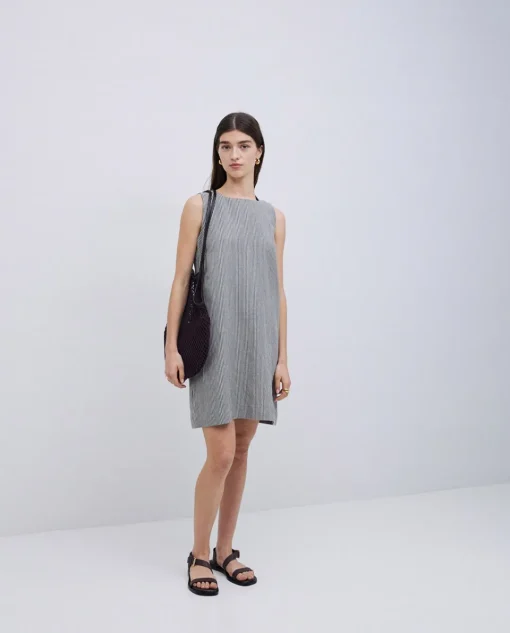 YERSE Vestido corto rayas lino y algodón azul grisáceo Fashion