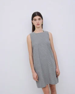 YERSE Vestido corto rayas lino y algodón azul grisáceo Fashion