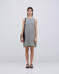 YERSE Vestido corto rayas lino y algodón azul grisáceo Fashion