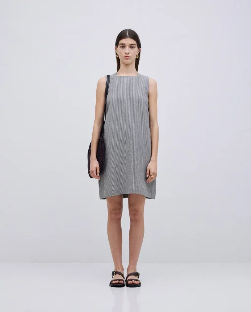 YERSE Vestido corto rayas lino y algodón azul grisáceo Fashion