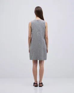 YERSE Vestido corto rayas lino y algodón azul grisáceo Fashion