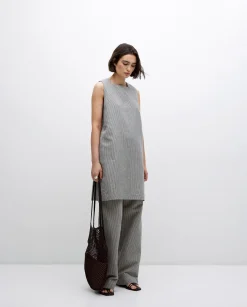YERSE Vestido corto rayas lino y algodón azul grisáceo Fashion