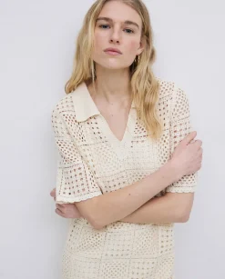 YERSE Vestido crochet cuello polo crudo Discount