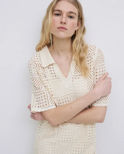 YERSE Vestido crochet cuello polo crudo Discount