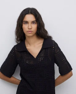 YERSE Vestido crochet cuello polo negro Outlet