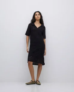 YERSE Vestido crochet cuello polo negro Outlet