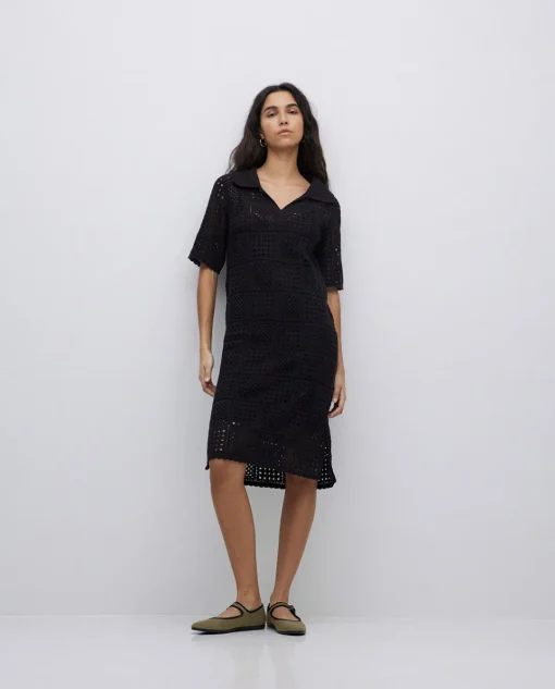 YERSE Vestido crochet cuello polo negro Outlet