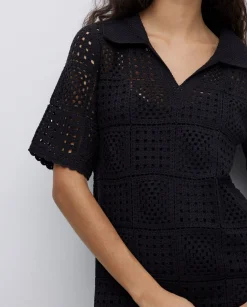 YERSE Vestido crochet cuello polo negro Outlet
