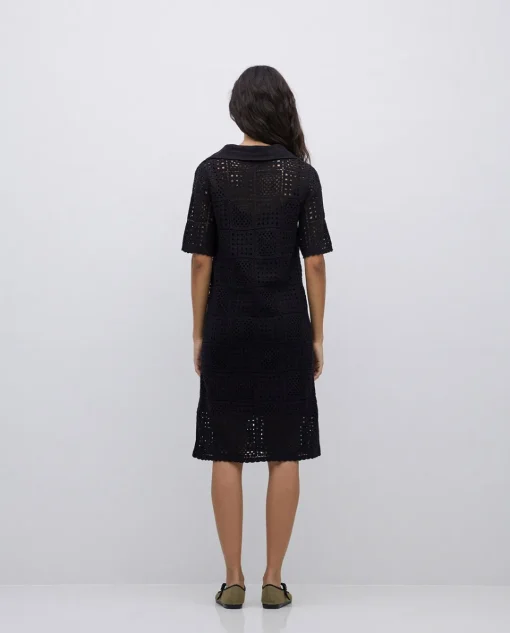 YERSE Vestido crochet cuello polo negro Outlet
