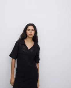 YERSE Vestido crochet cuello polo negro Outlet