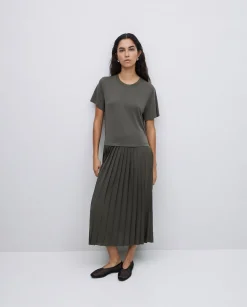 YERSE Vestido evasé falda plisada caqui Best