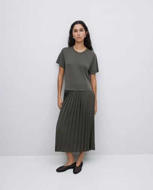 YERSE Vestido evasé falda plisada caqui Best