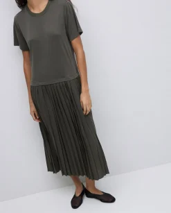 YERSE Vestido evasé falda plisada caqui Best