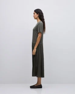 YERSE Vestido evasé falda plisada caqui Best