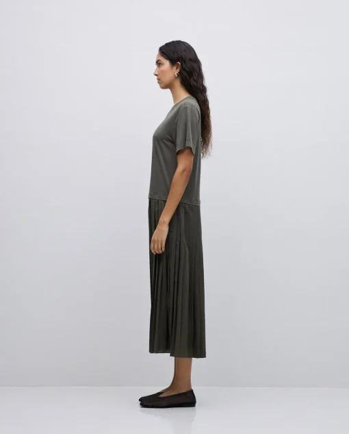 YERSE Vestido evasé falda plisada caqui Best