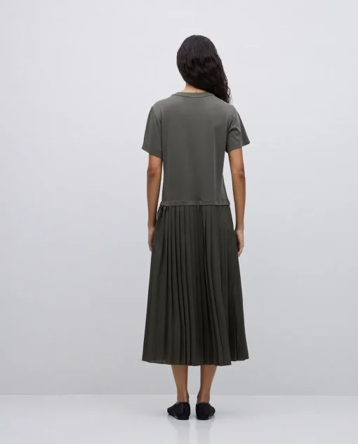 YERSE Vestido evasé falda plisada caqui Best
