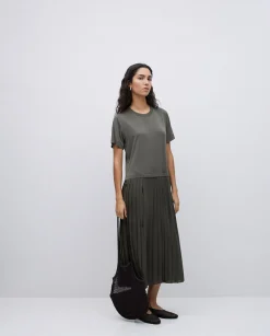 YERSE Vestido evasé falda plisada caqui Best