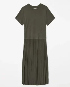 YERSE Vestido evasé falda plisada caqui Best