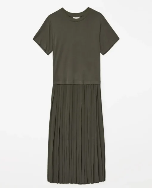 YERSE Vestido evasé falda plisada caqui Best