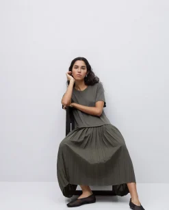 YERSE Vestido evasé falda plisada caqui Best